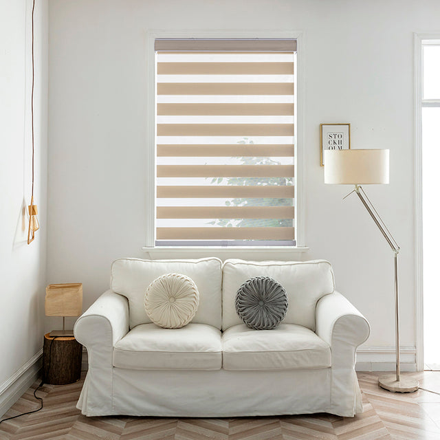 Motorized Cordless Zebra Blinds for Patios and Windows - Taupe Beige