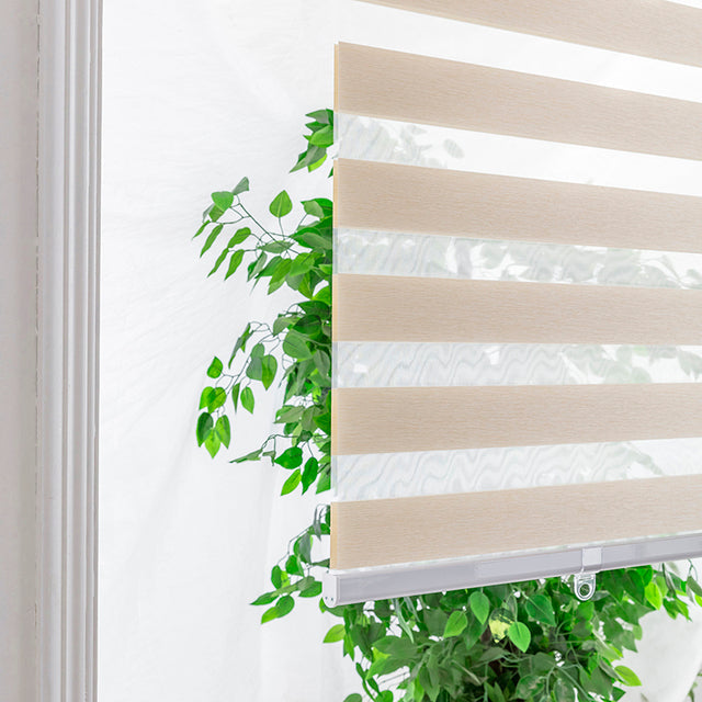 Motorized Cordless Zebra Blinds for Patios and Windows - Taupe Beige