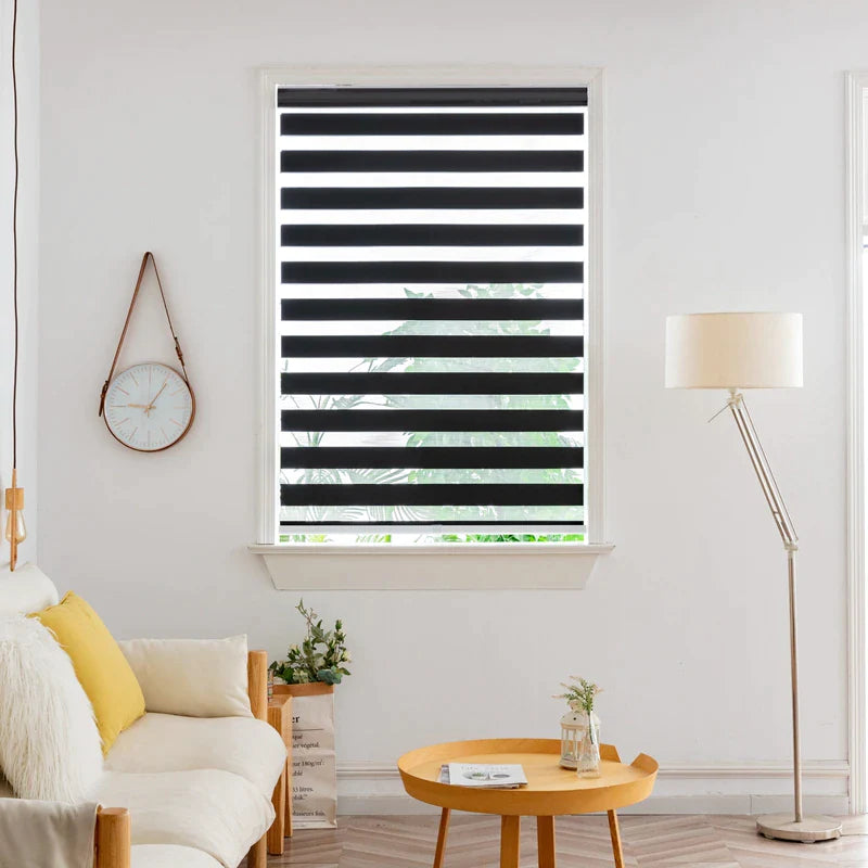 Motorized Cordless Zebra Blinds for Patios and Windows - Midnight Black