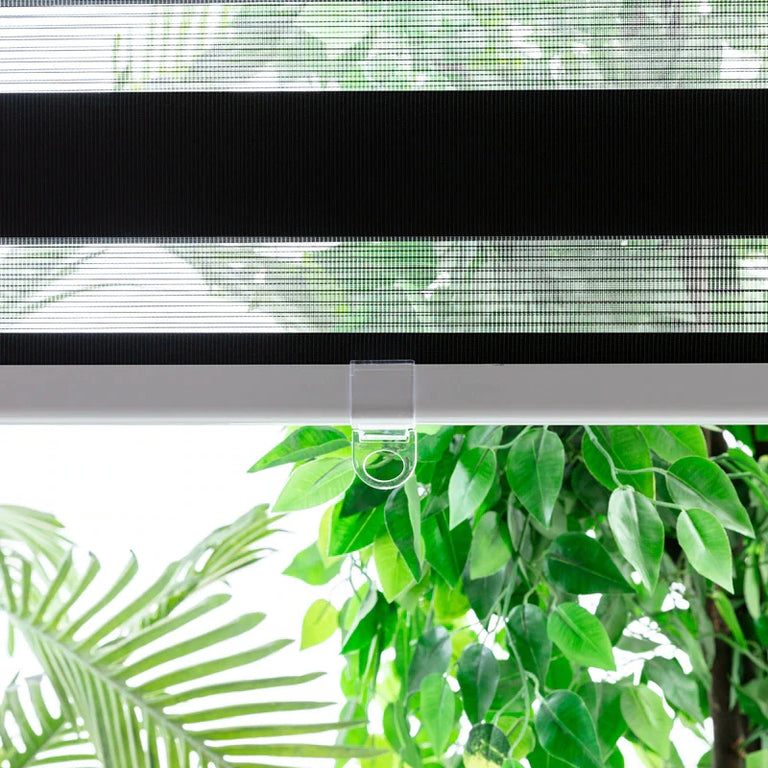 Motorized Cordless Zebra Blinds for Patios and Windows - Midnight Black