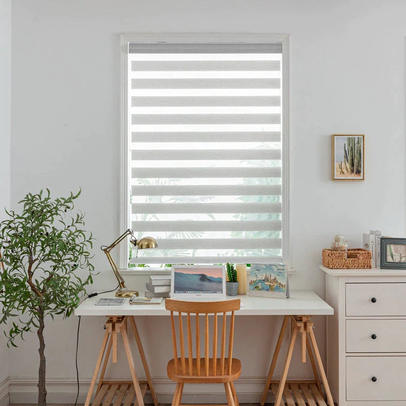 Motorized Cordless Zebra Blinds for Patios and Windows - Slate Gray