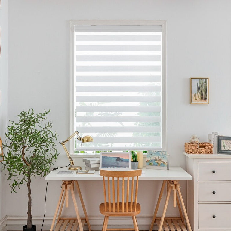 Motorized Cordless Zebra Blinds for Patios and Windows - Snow White