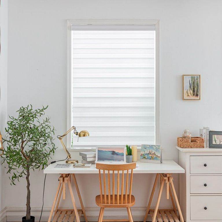 Motorized Cordless Zebra Blinds for Patios and Windows - Snow White